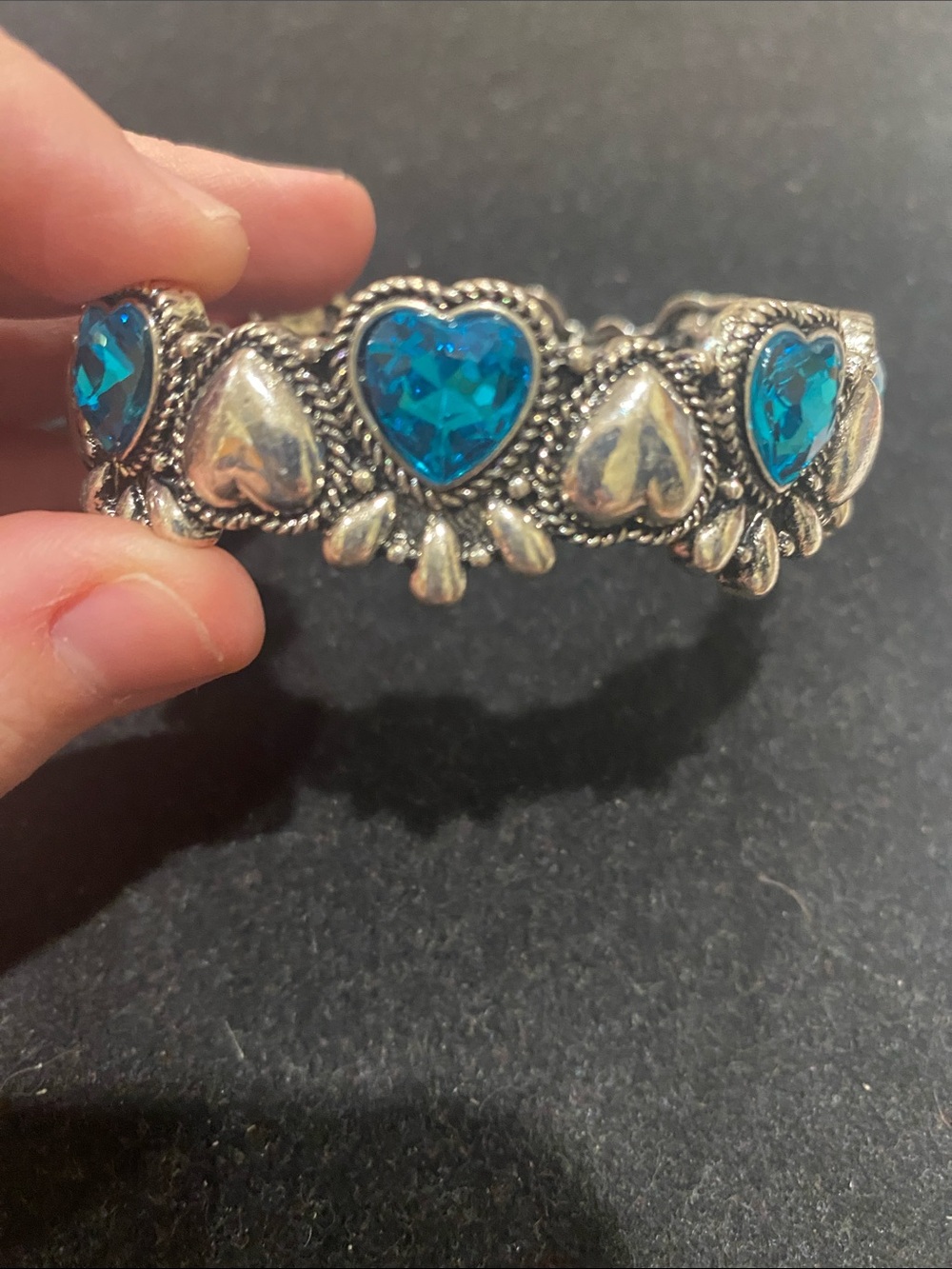Silver Heart Bracelet with Bright Blue Crystal Hearts